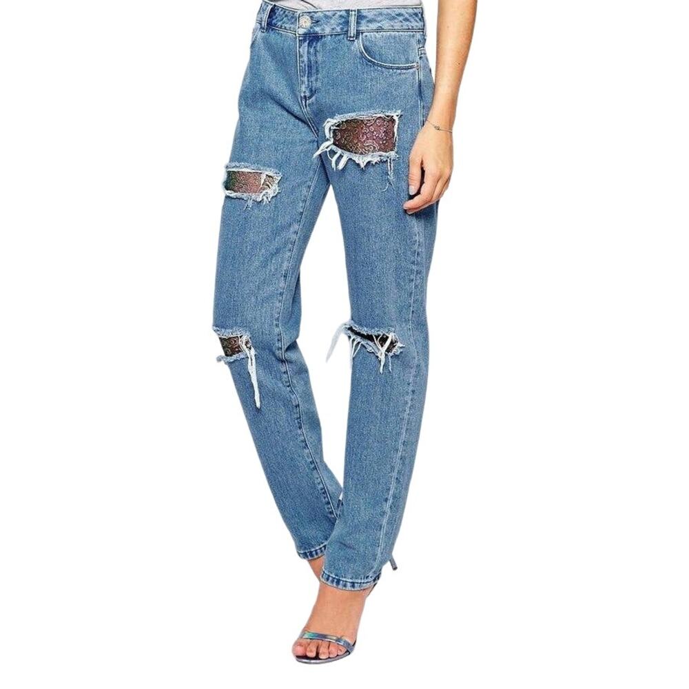 NEW House Of Holland High Rise Boyfriend Jeans Ripped Contrast Lace Fabric Sz 2